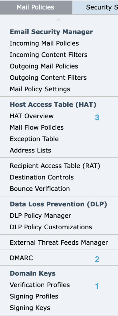 mail policies menu