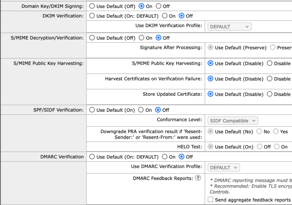 Cisco ESA outbound policy override defaults